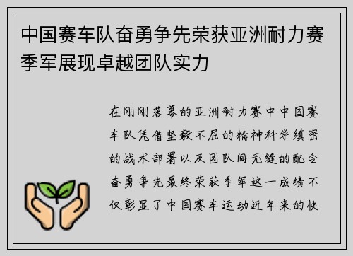 中国赛车队奋勇争先荣获亚洲耐力赛季军展现卓越团队实力